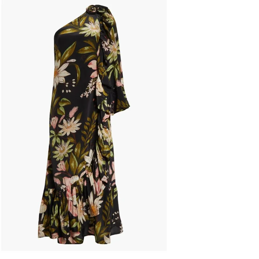 FARM RIO - Surreal Flowers One-Shoulder Crêpe de Chine Midi Dress - Black - XL - Picture 3 of 10